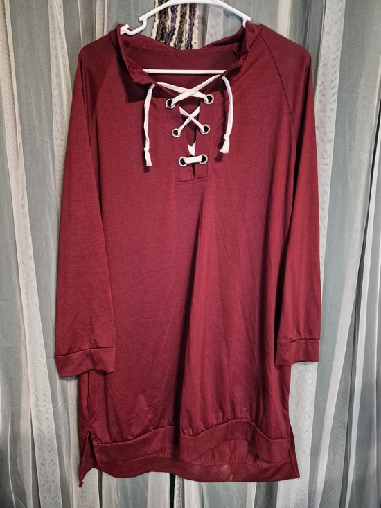 Sweaters - Women’s Lace-Up Tunic Sweater Dress - Burgundy